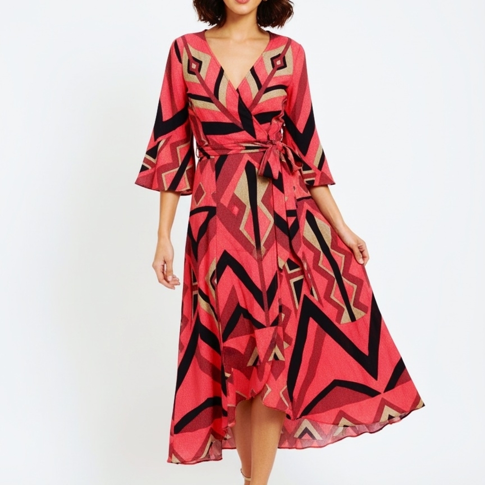 Tracy Reese | Vibrant Red and Black Geometric High Low Dress S